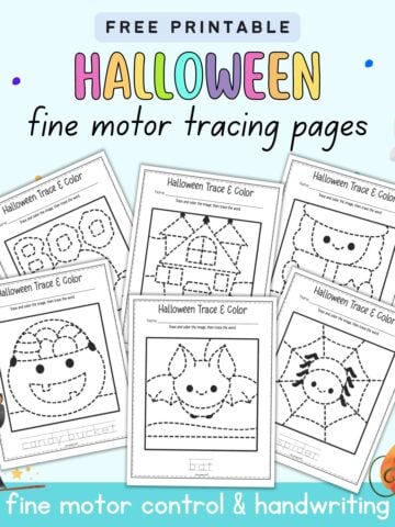 Text "Free printable Halloween fine motor tracing pages" with a preview of six trace and color pages with Halloween images