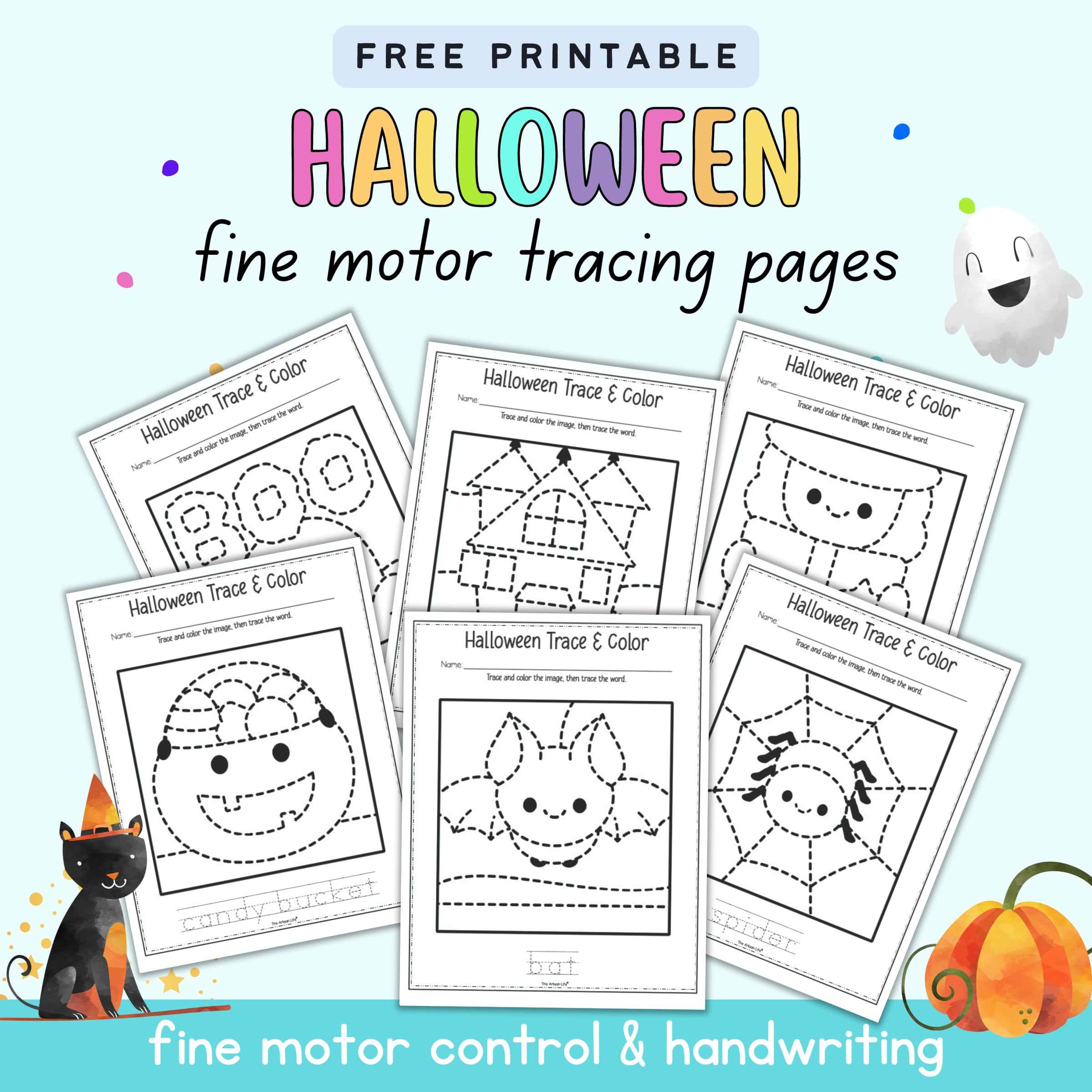 Text "Free printable Halloween fine motor tracing pages" with a preview of six trace and color pages with Halloween images