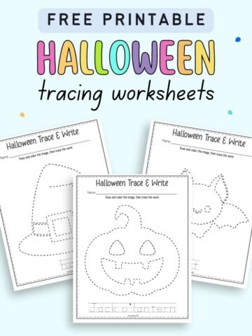 Text "Free printable Halloween tracing worksheets" with a preview of three trace and color worksheets with handwriting practice