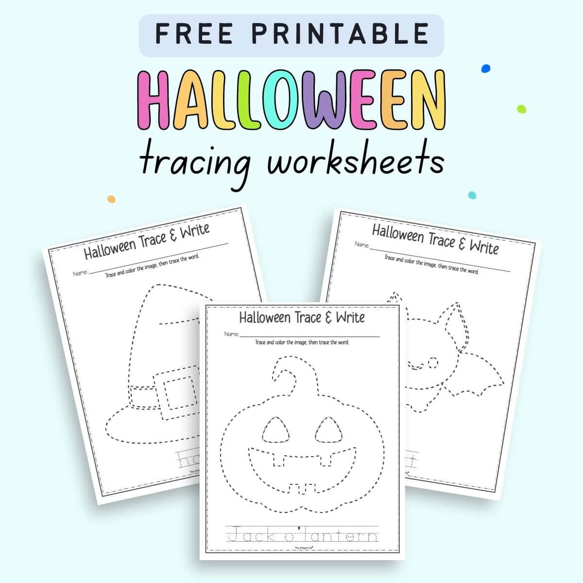 Text "Free printable Halloween tracing worksheets" with a preview of three trace and color worksheets with handwriting practice