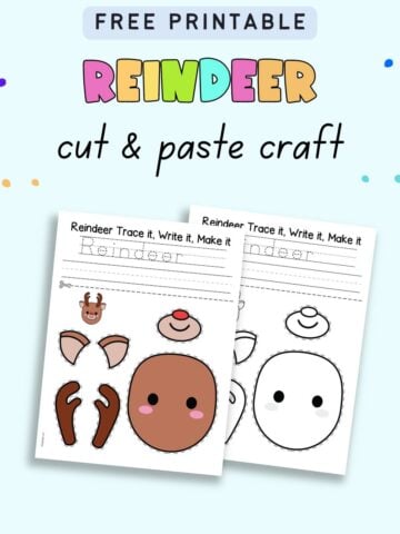 Text "free printable reindeer cut and paste craft" with a preview of a color and a black and white cut and paste printable page