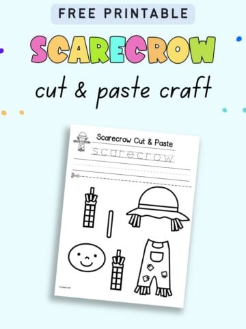 Text "free printable scarecrow cut and paste craft" with a preview of a scarecrow craft printable