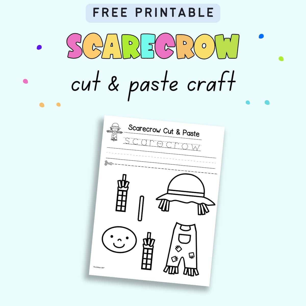 Text "free printable scarecrow cut and paste craft" with a preview of a scarecrow craft printable