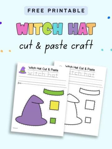 Text "free printable witch hat cut and paste craft" with a cut in paste craft in color and black and white.