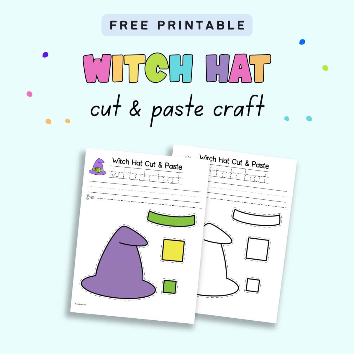 Text "free printable witch hat cut and paste craft" with a cut in paste craft in color and black and white.