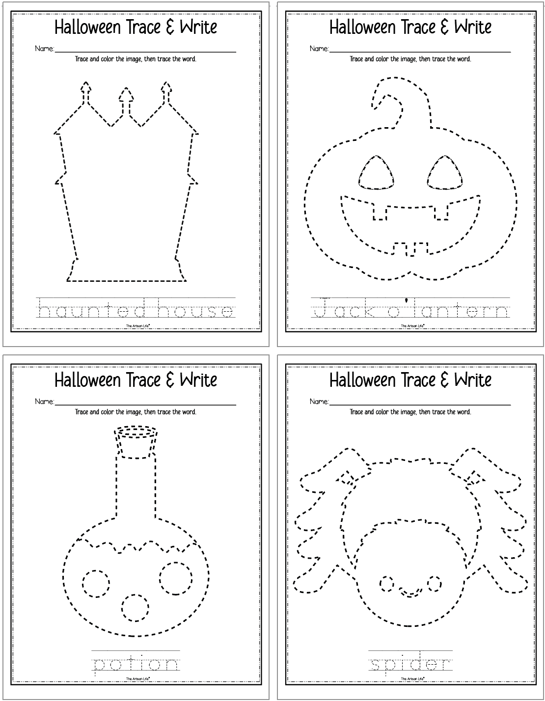 Four Halloween tracing pages. Images include: a haunted house, a jack o lantern, a potion, and a spider