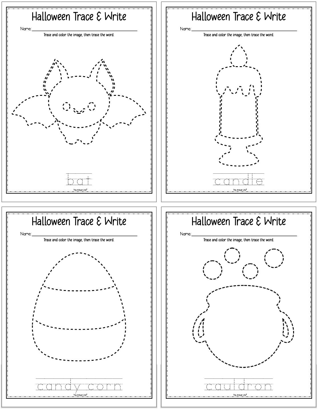 Four Halloween tracing pages. Images include: a bat, a candle, candy corn, and a cauldron