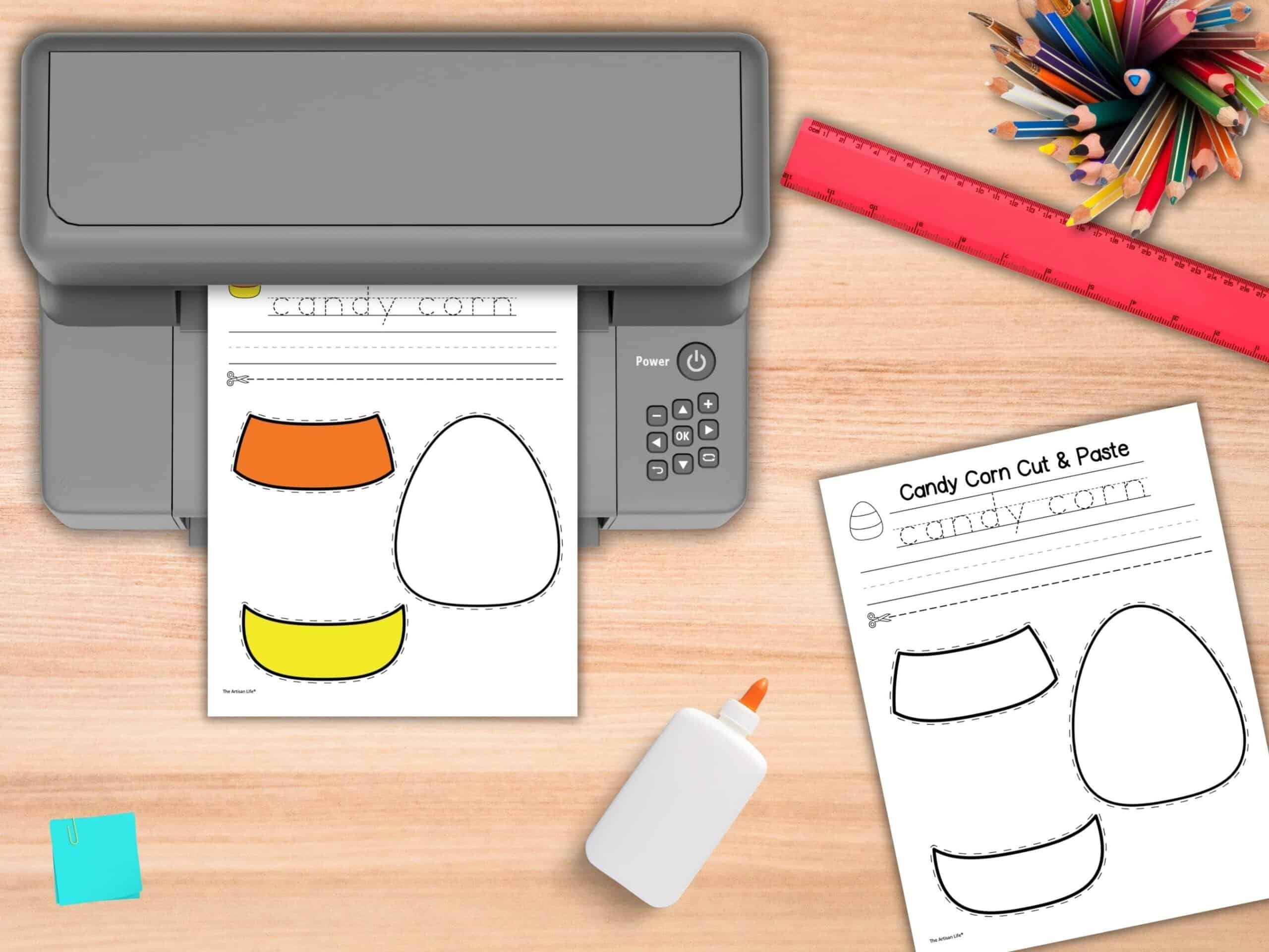 A mockup of printing two pages of candy corn craft