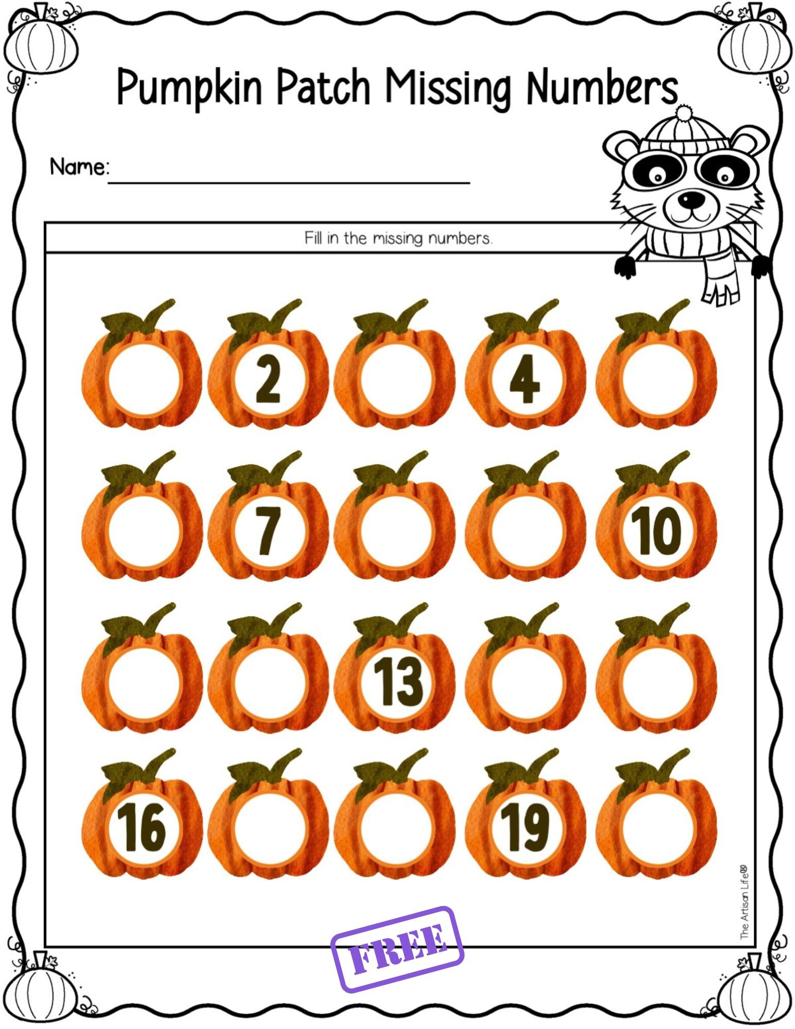 A missing numbers 1-20 worksheet with a fall pumpkin theme