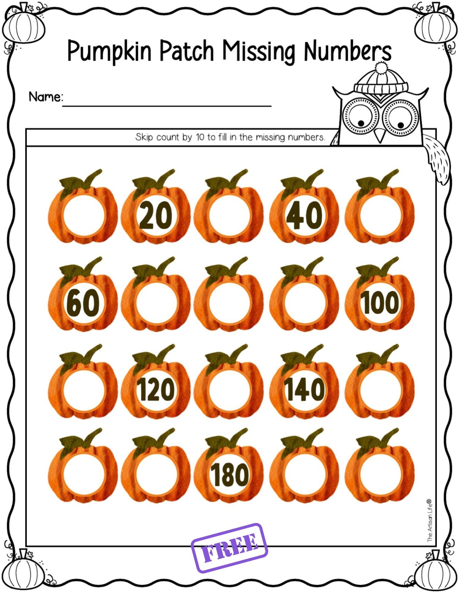 A skip counting by 10ss missing numbers worksheet with a pumpkin theme