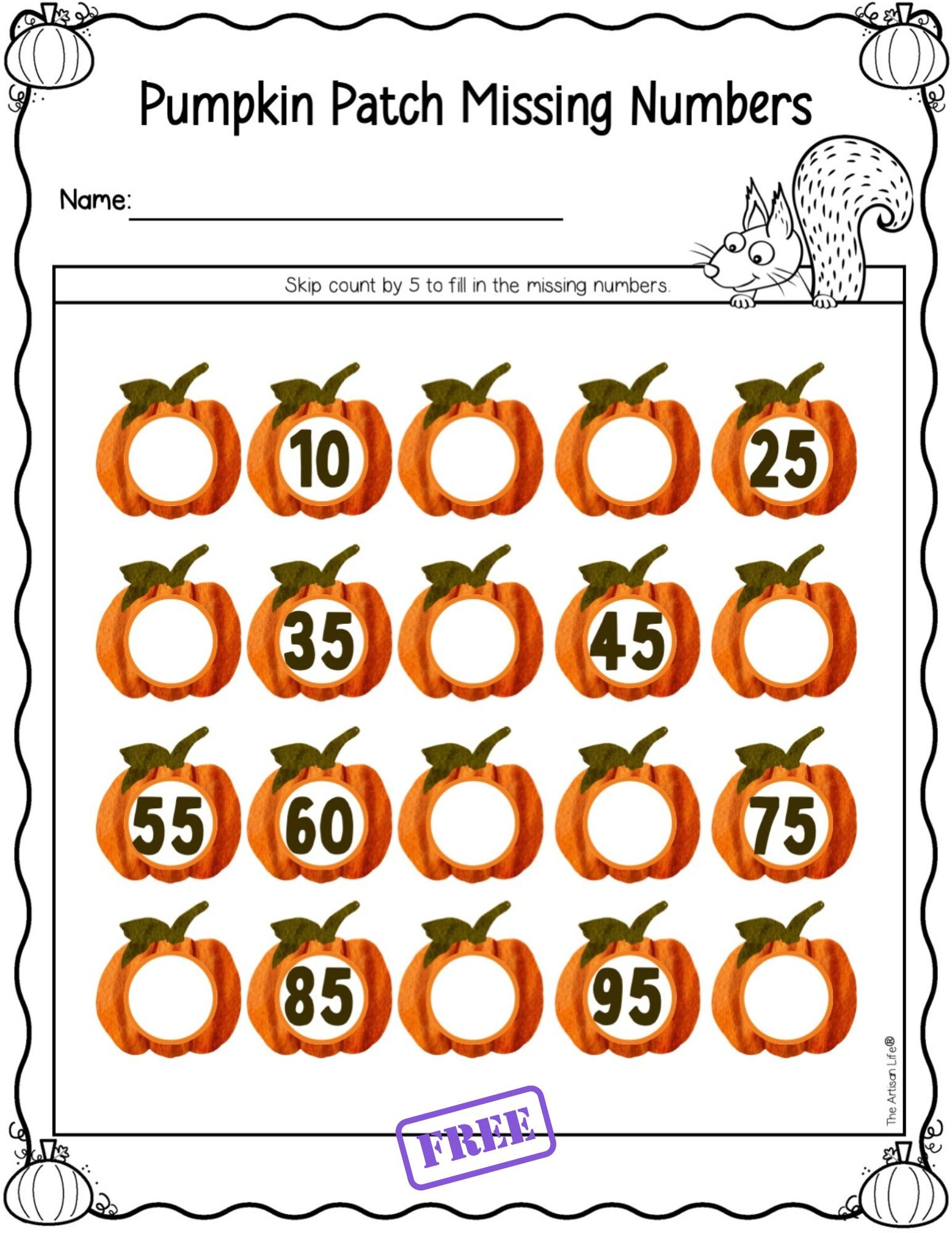 A skip counting by 5s missing numbers worksheet with a pumpkin theme