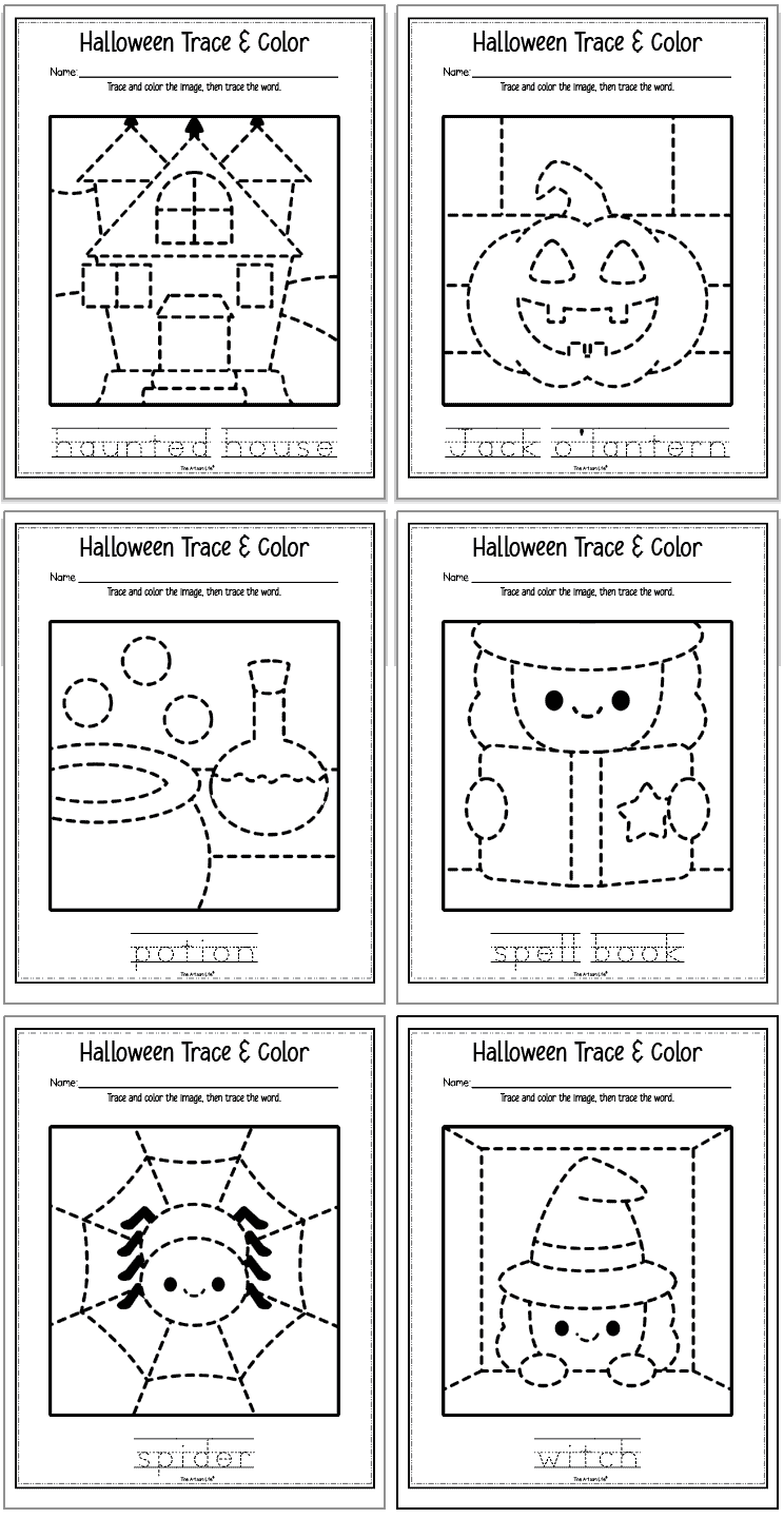 A preview of six Halloween tracing worksheets with vocabulary words to trace. Images include: haunted house, jack o lantern, potion, spell book, spider, and witch