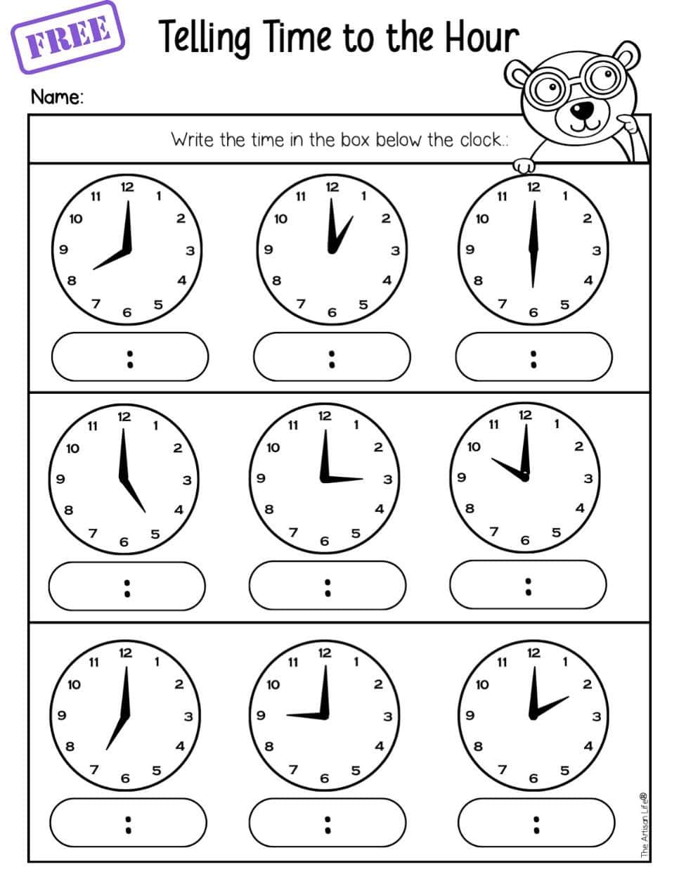 A worksheet with nine clocks and space to write the time to the whole hour