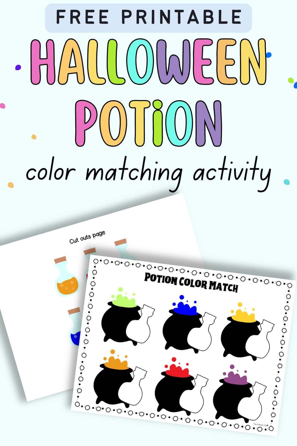 text "free printable halloween potion color matching activity" with cauldrons and potions to color match