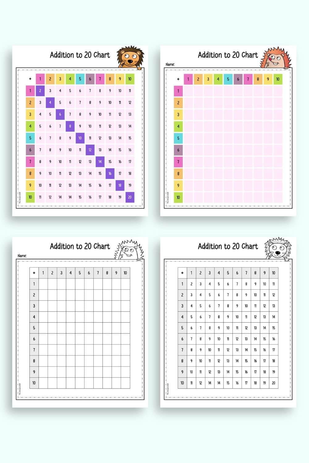 A preview of four addition within 20 charts. Two are color and two are black and white. One of each is filled in and one of each is blank.