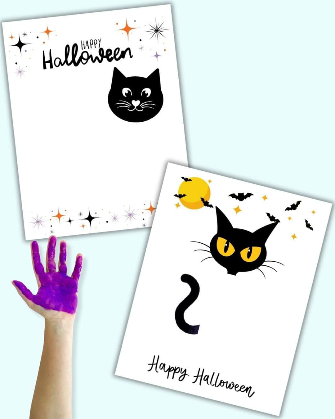 A preview of a blank black cat footprint craft and a black cat footprint craft with a child's hand covered in purple paint