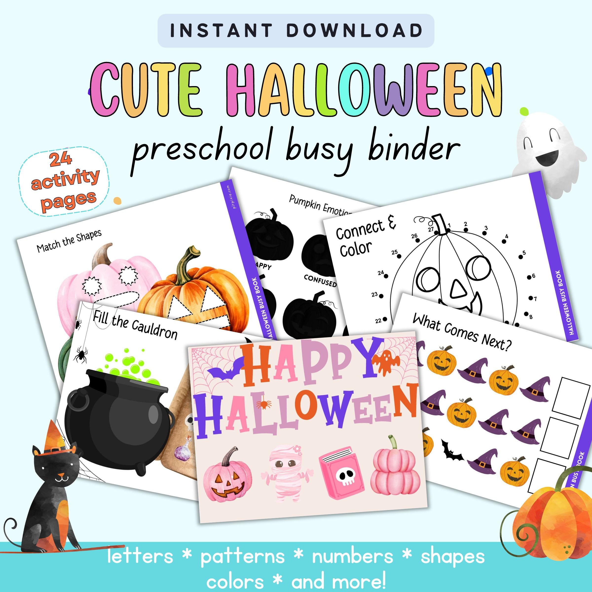 Text "instant download cute halloween preschool busy binder" with a preview of seven activity pages