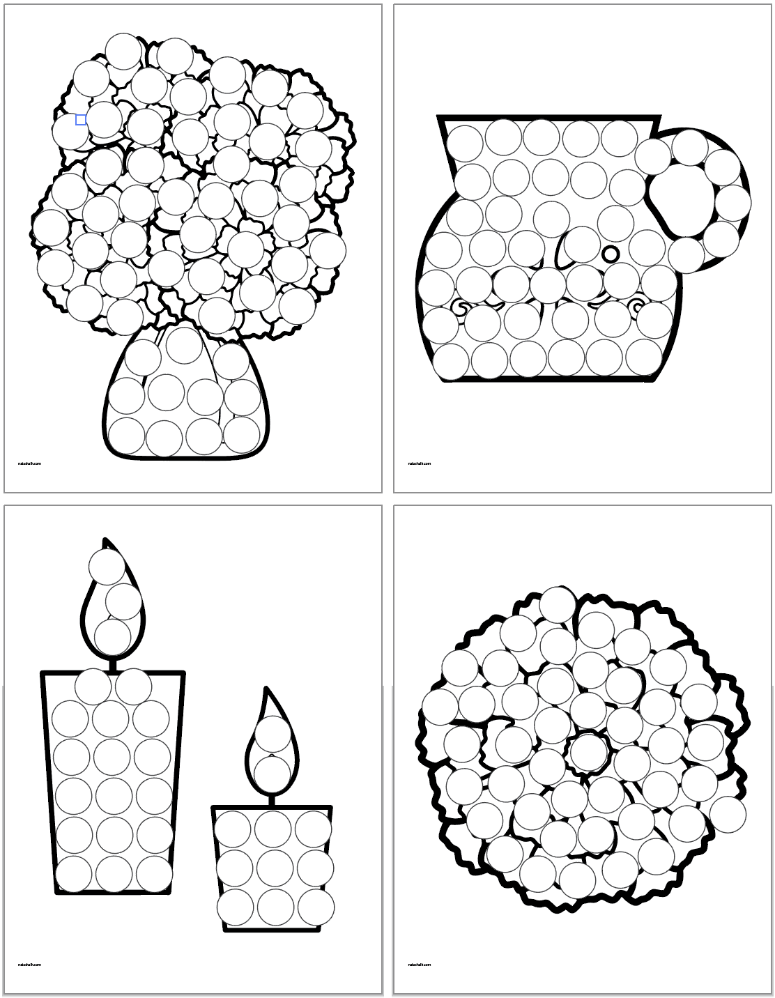 Four Day of the Dead themed dot marker pages including chrysanthemums, a pitcher, candles, and a lone chrysanthemums