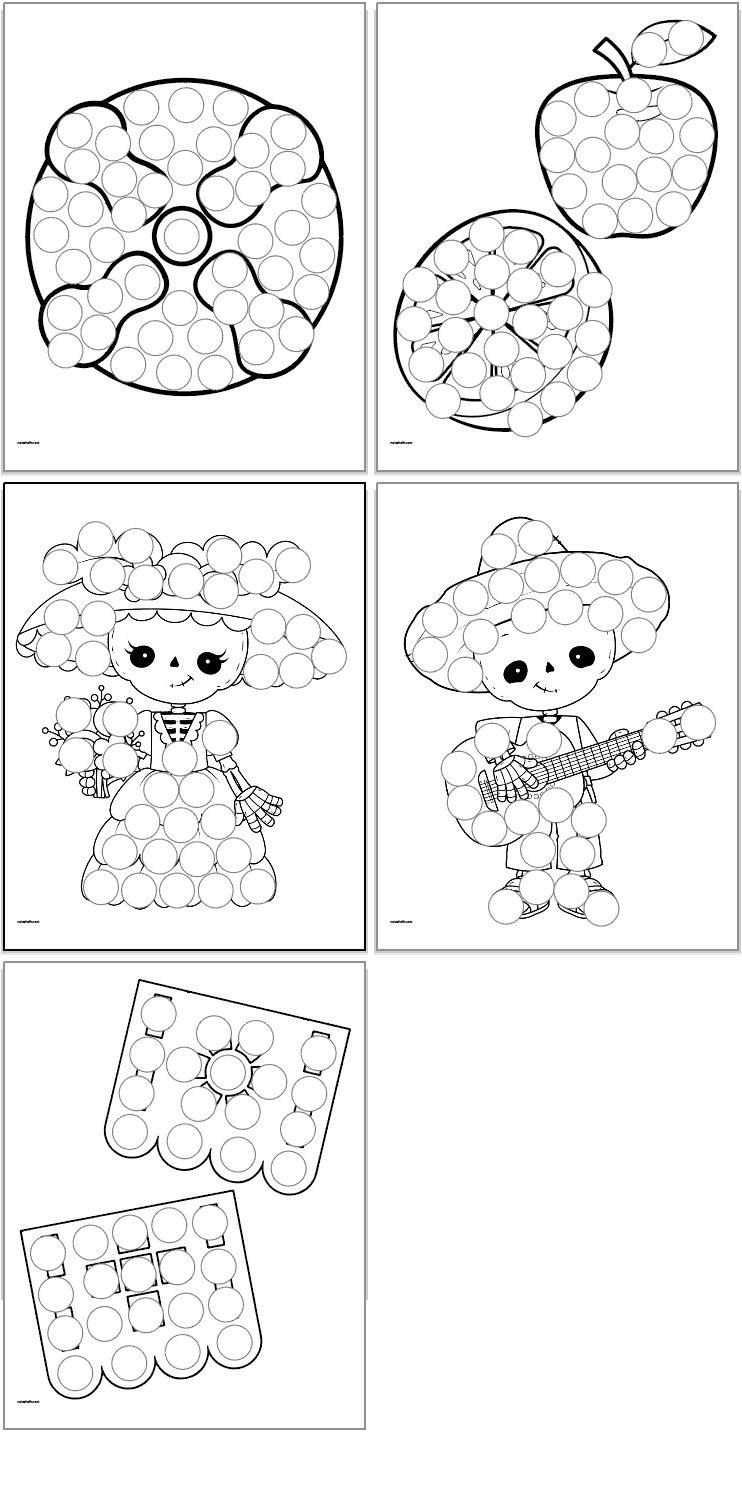 Five day of the dead themed dot marker pages including pan de muertos, fruit, Catrina, a mariachi, and paper picado