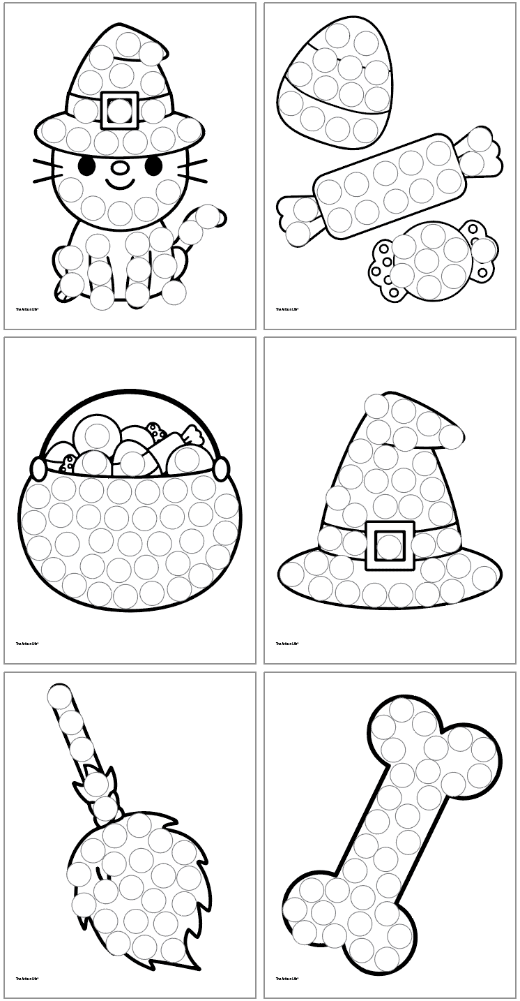 Six halloween coloring pages showing: A witch cat

Candy

A candy bucket

A witch hat

A broom

A bone