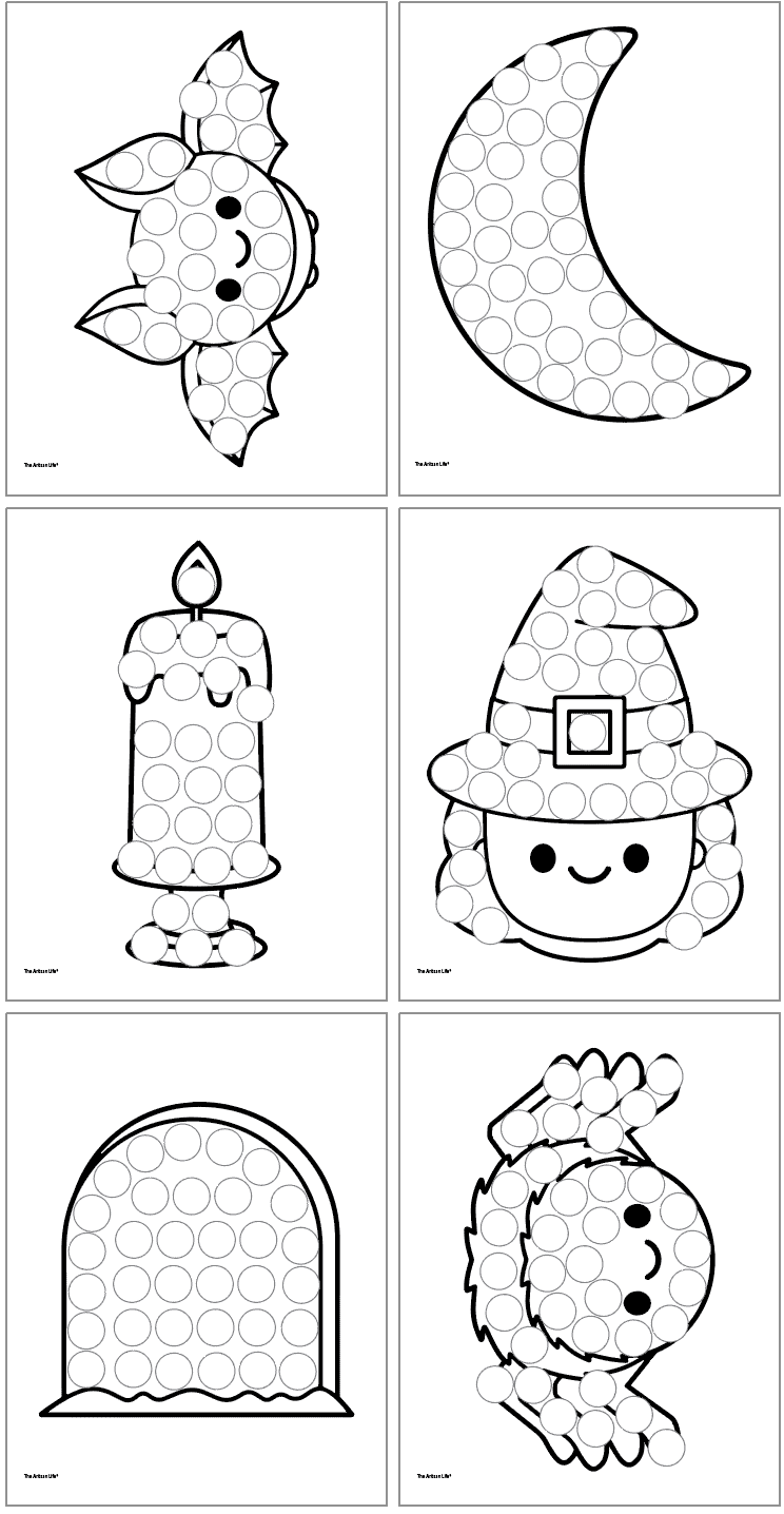 6 Halloween dot marker coloring pages with images showing: A bat

A crescent moon

A candle

A witch face

A tombstone

A cute spider