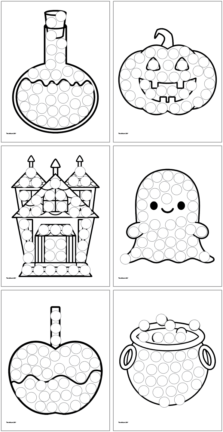 Six Halloween dot marker coloring pages showing: A potion

A jack o'lantern

A haunted house

A ghost

A candy apple

A cauldron