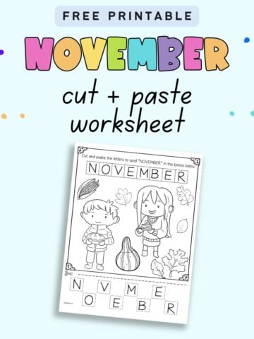 Text "free printable November cut and paste worksheet" with a preview of a worksheet featuring November themed images to color and letter tiles to cut and paste