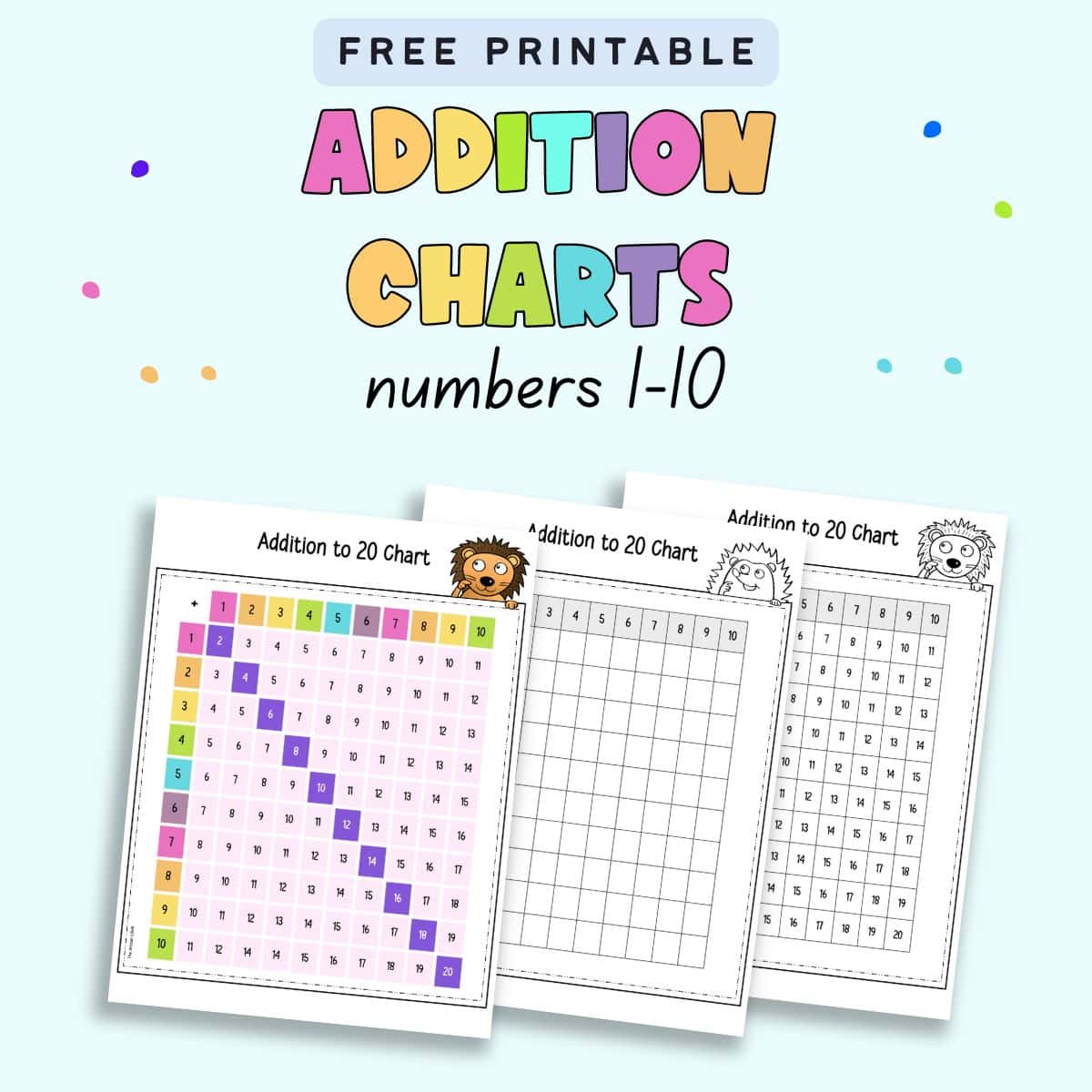 Text "free printable addition charts number 1-1-" with a preview of three addition within 20 charts. Two are filled and one is blank.