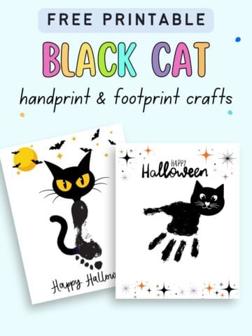 Text "free printable black cat handprint and footprint crafts" with a preview of a completed handprint craft and a footprint craft.