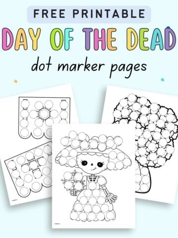 text "free printable day of the dead dot marker pages" with a preview of three day of the dead dot marker pages