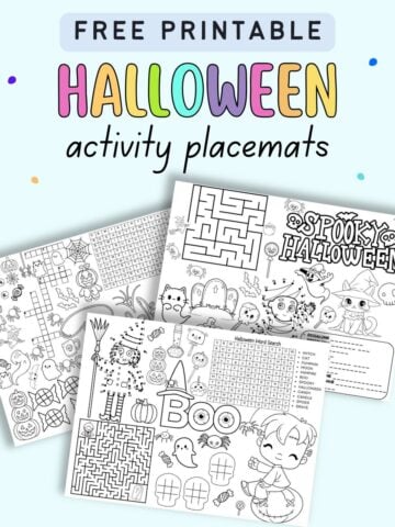 Text "free printable Halloween activity placemats" with a preview of three Halloween themed activity placemats with word searches, coloring images, word scrambles, and more