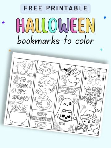 text "free printable Halloween bookmarks to color" with a preview of a page with four Halloween bookmarks to color and cut