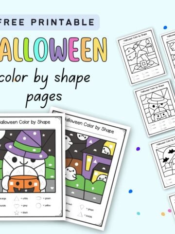 Text "free printable Halloween color by shape pages" with two colored pages and six black and white sheets.