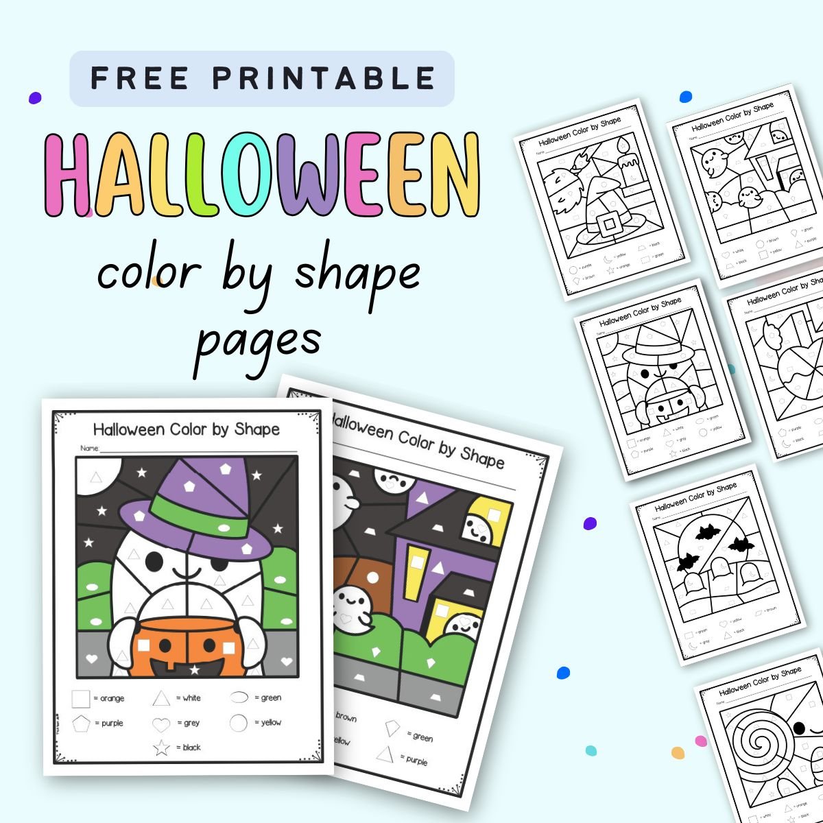 Text "free printable Halloween color by shape pages" with two colored pages and six black and white sheets.