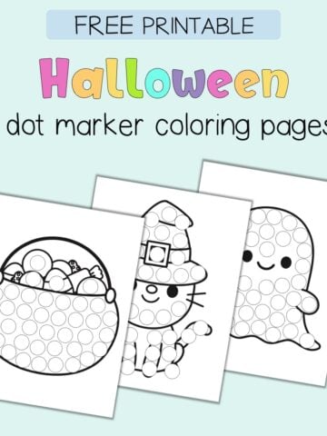 text "free printable Halloween dot marker coloring pages" with a preview of three dot marker coloring sheets