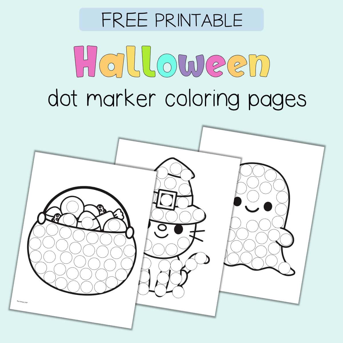 text "free printable Halloween dot marker coloring pages" with a preview of three dot marker coloring sheets