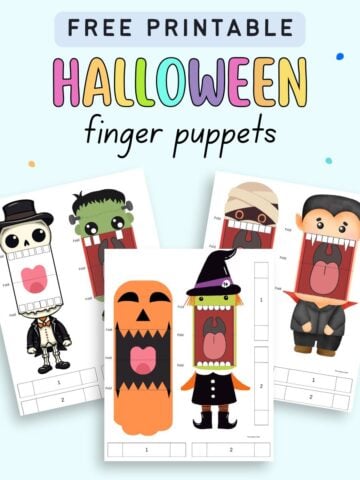 Text "Free printable Halloween finger puppets" with a preview of there pages of printable Halloween finger puppet