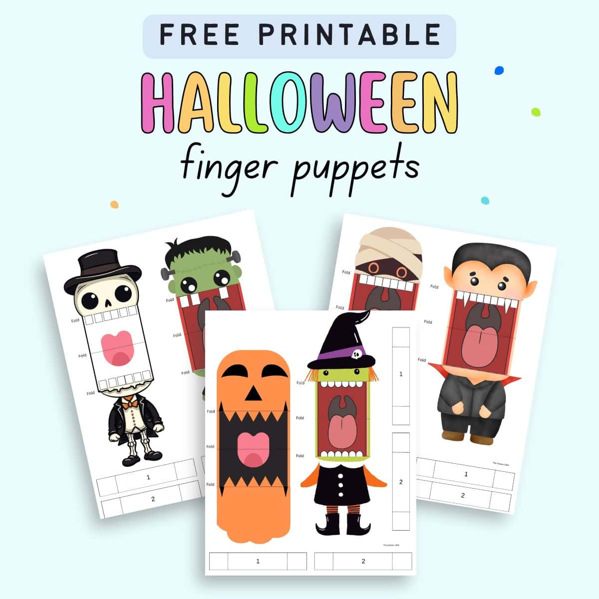 Text "Free printable Halloween finger puppets" with a preview of there pages of printable Halloween finger puppet