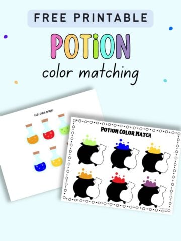 Text "free printable potion color matching activity" with a preview of a potion color matching sheet and a cut outs sheet