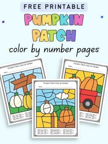 Text "Free printable pumpkin patch color by number pages" with a preview of three completed pumpkin themed color by number sheets