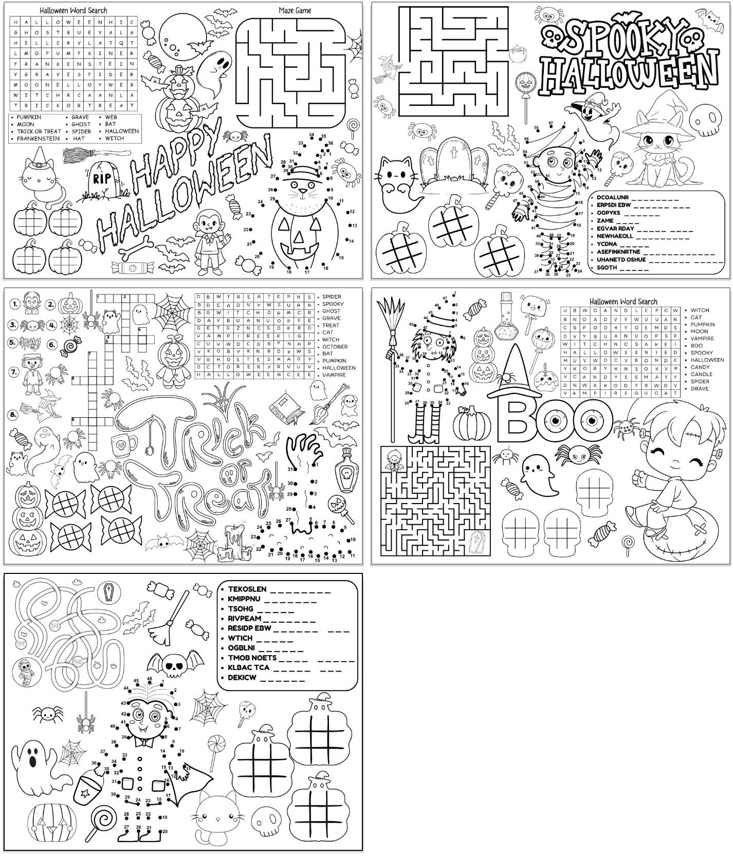 Five Halloween activity placemats for kids including Halloween coloring elements, word searches, tic tac toe, word scrambles, mazes, and crossword puzzles