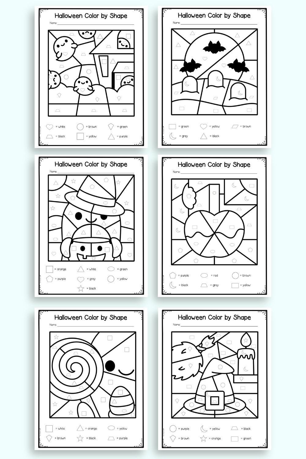 A preview of six Halloween color by shape free printables for kindergarten and first grade students 