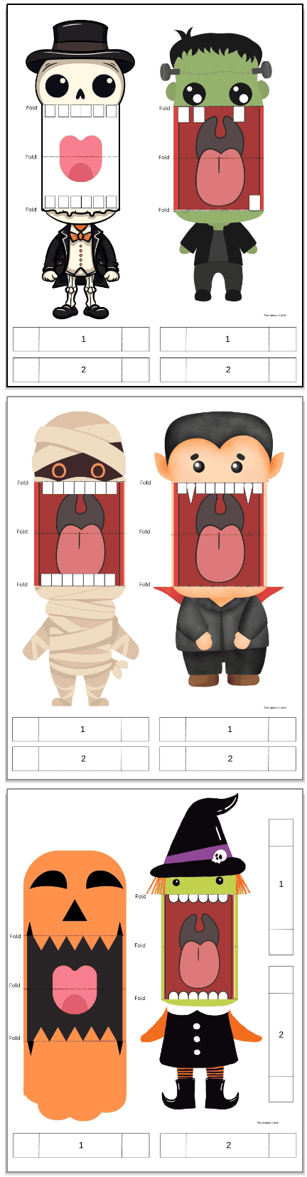 Three pages of printable Halloween finger puppets. Each page has two finger puppets.