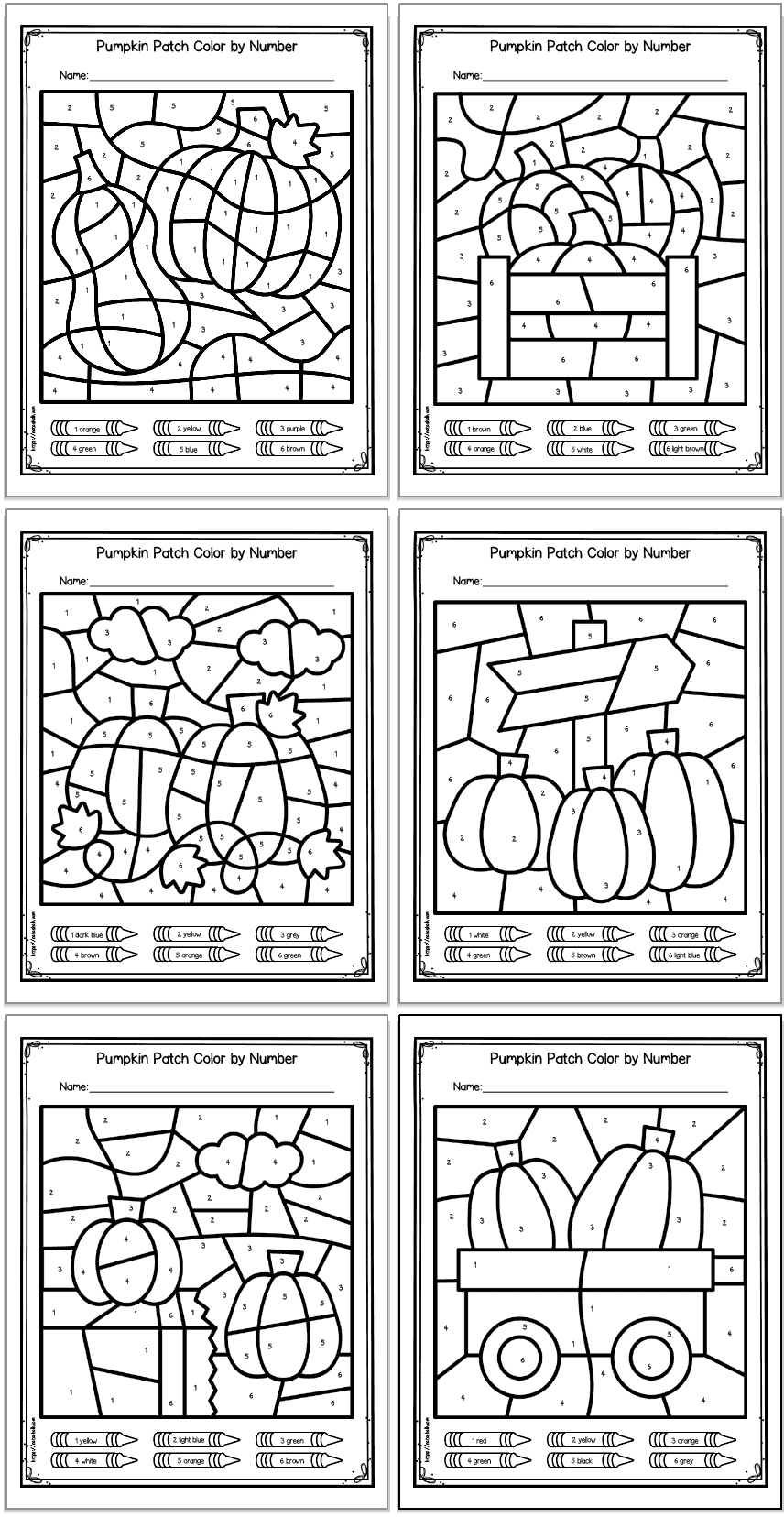 A 2x3 grid with six pumpkin patch color by number pages featuring numbers 1-6