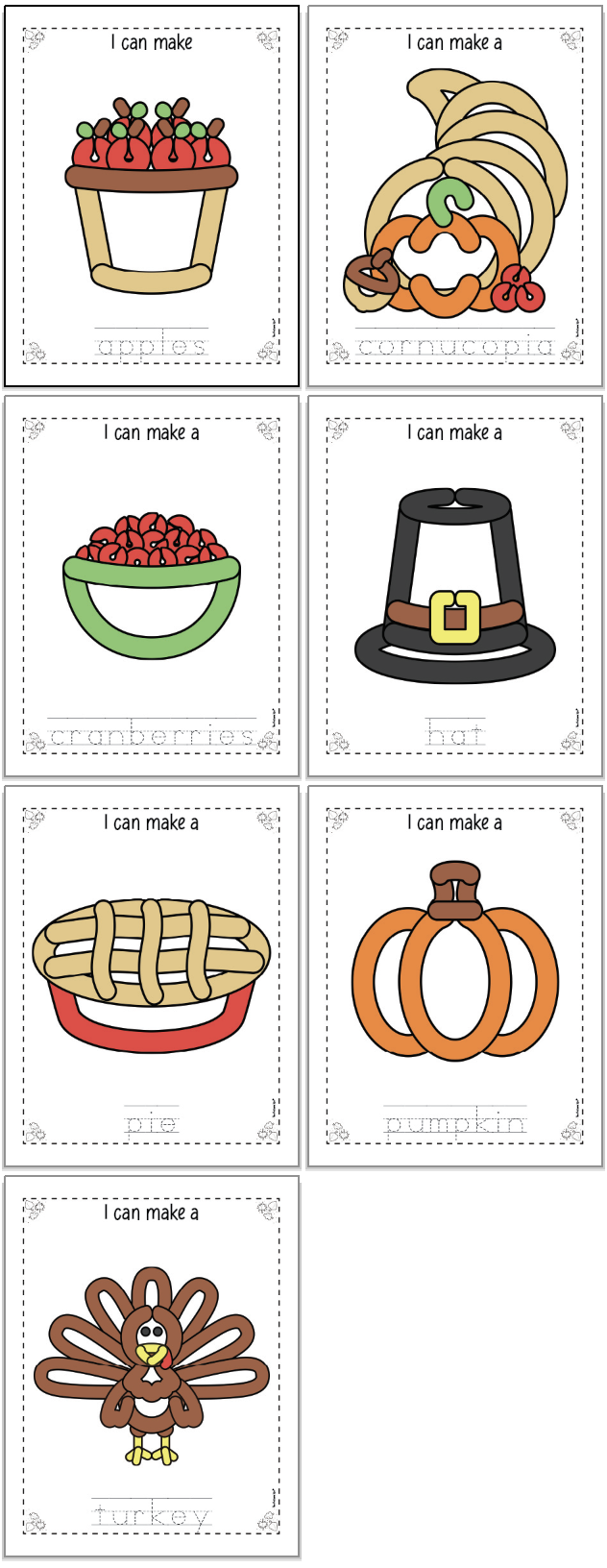 Seven Thanksgiving themed play dough mats with handwriting practice for each image shown