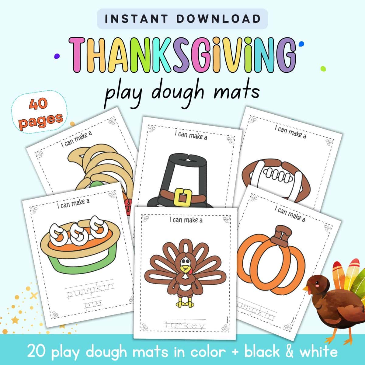 text "instant download thanksgiving play dough mats - 40 pages" with a preview of six Thanksgiving play dough mat sheets