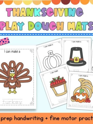 text "instant download thanksgiving play dough mats - 40 pages" with a preview of six Thanksgiving play dough mat sheets