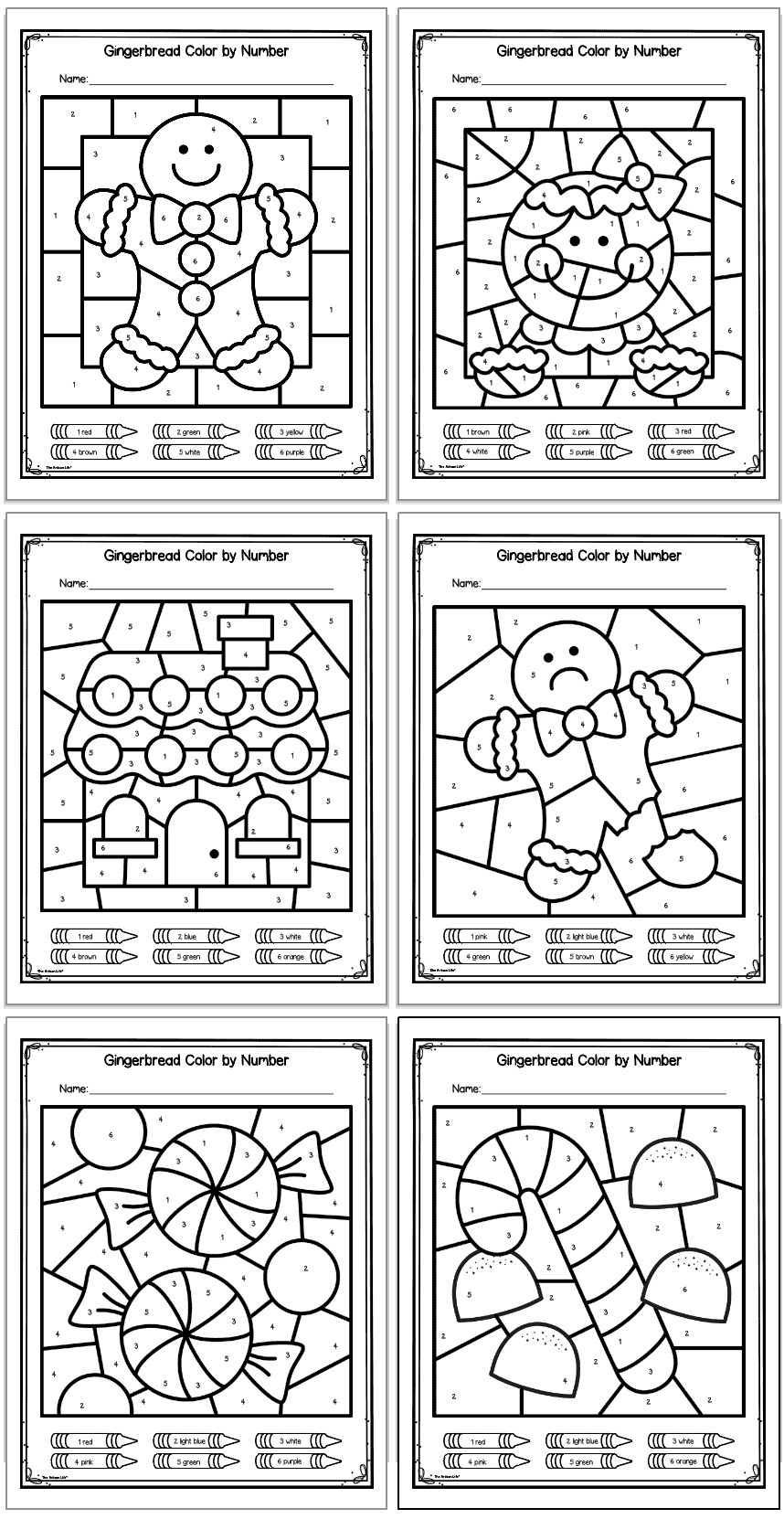 Six gingerbread and gingerbread house themed color by number pages with numbers 1-6