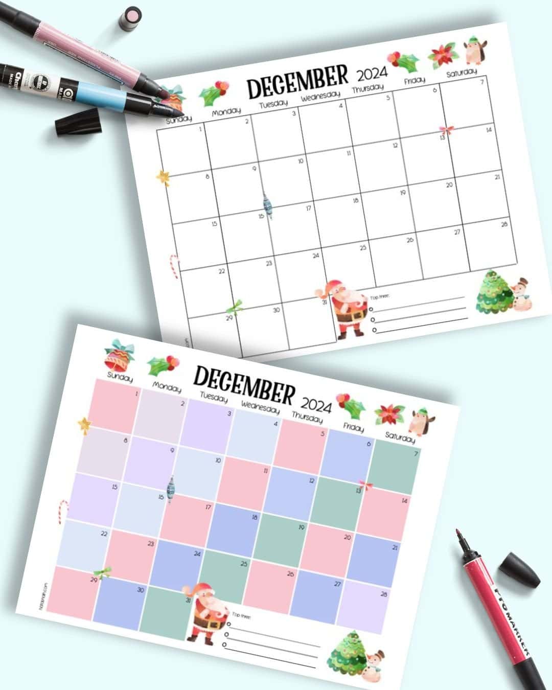 Two December 2024 dated calendar pages. One is in full color and the other is in limited color.