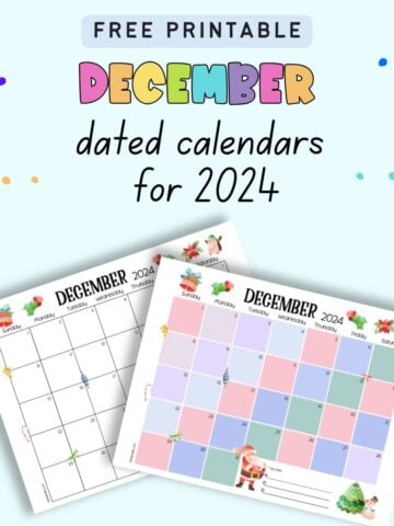 text "free printable December dated calendars for 2024" with a preview of two calendar pages. One is full color and the other is partial color.